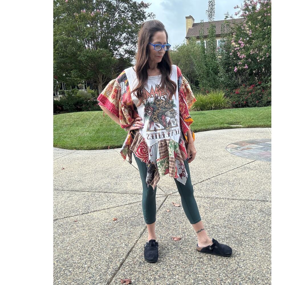 Upcycled Def Deppard Graphic T Bohemian Tunic vibe Kantha Fabric Ruffles Size OS